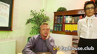 Hot librarian tears up petitenaked student's taut cooch with big and hefty cock