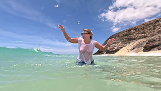 Girl Wetting Jeans in the Ocean and Swimming in Wet White T-shirt