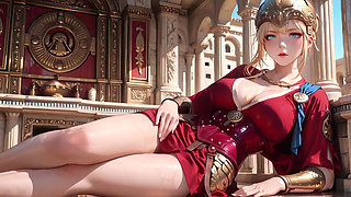 Red Armor Queen! Gaze in the Roman Corridor, Skirt Lift Reveal, Hand on Lips Teasing You...