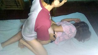 Side fucking with my girlfriend in a yellow string thong and she rides in the dark