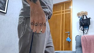 Thin Housewife Sits on the Toilet Right in Front of the Plumber