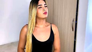 Big tit shemale jerks her long cock