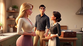 Elegant blonde boss  enjoys  pool with young gardener while husband away (AI generated)