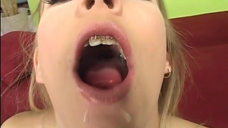 Blonde teen eats load from a man after getting her juicy holes banged hard
