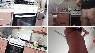 Sexy naked wife preparing food in the kitchen.