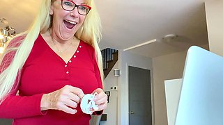 Blonde cumshot amateur MILF POV jerking in the kitchen