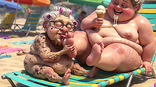 Elderly Granny Passionately Sucking BBW Feet on the Beach