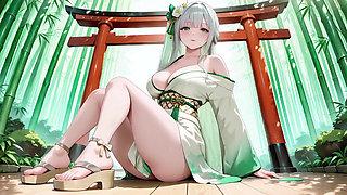Silver-haired Geisha in the Bedroom! Lazy Legs Lifting Hem, the Green White Combo Is so Wet!
