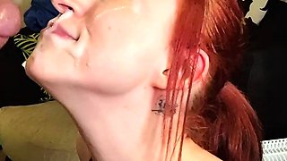 Amateur slut facialed in blowjob group and swallows