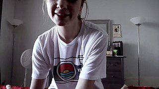 Seductive submissive stepsister Dahlia Red dominates her grounded stepbro in thigh highs