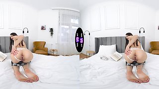 Hot brunette solo girl masturbates in sexy mini skirt