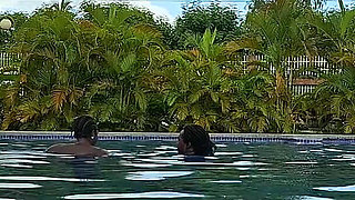 Sperm Floating in the Pool, Hard Sex in the Water, Double Orgasm.