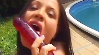 Two Brunette Babes Enjoy Licking and Fingering Their Pussies Near the Pool