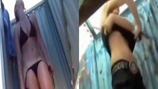 girls putting on their bikini in a beach cabin' compilation