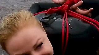 Hogtied in a Wetsuit - Rope Bondage Escape Challenge on the Beach