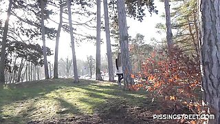 An awesome solo pissing in the forest with a passionate blonde Lara Fox