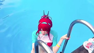 Cosplay redhead teen seductress posing in bikini in the pool