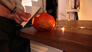 Stepdad was frying Halloween pumpkin, but I offered him my stepbrother's ass