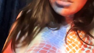 Busty curly brunette with big boobs fucks on couch