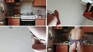 Amateur hairy brunette, big tits, sensual hairy woman in the kitchen. Sexy milf, hairy pussy, big ass