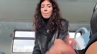 Slutty Russian brunette got some cum on her face by a stranger in a train